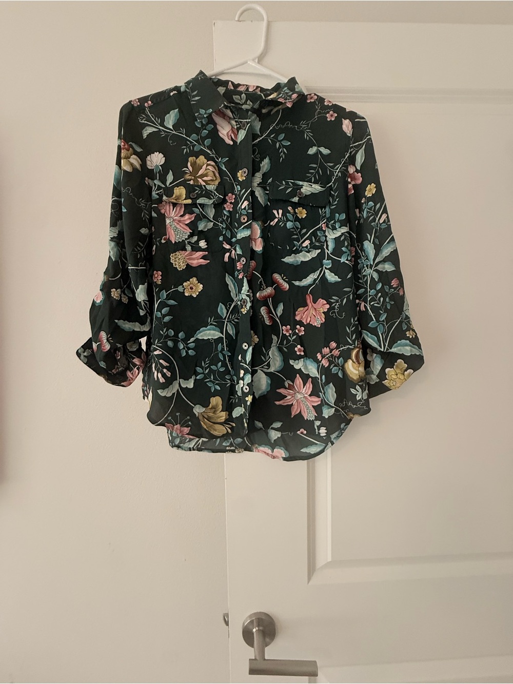 LOFT Dark Green Floral Button-Down Blouse